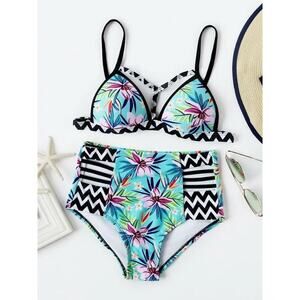 Floral Zigzag Print Bikini Set | NWOT | Push-Up Bra | High Waist Bottoms